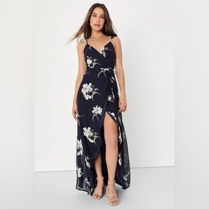 Lulu’s All Mine Navy Blue Floral Print High-Low Slit Wrap Maxi Dress